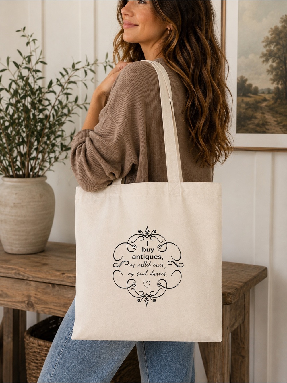Canvas Tote Bag in Cream with Decorative Black Print